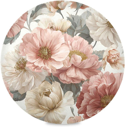 xmyzcd Round Placemats Set of 4, Vintage Floral Pattern in Pastel Pinkish and Peach Place Mats Washable Table Mats for Kitchen Dining Table Heat Insulation 15.4 Inch