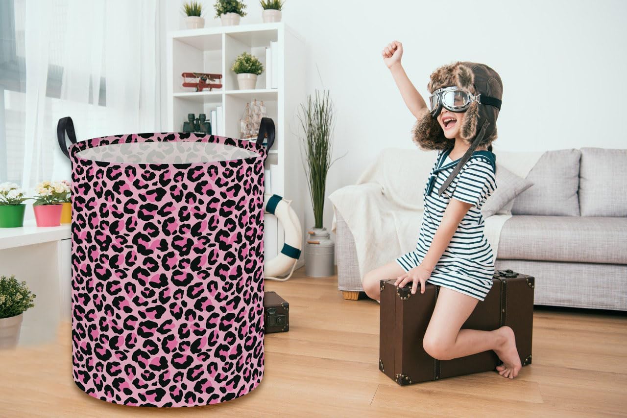 ESSME Laundry Basket,Pink Hamper Collapsible Canvas Waterproof Storage Bin for Girls, Leopard Print Hamper,Gift Baskets(Pink leopard print)