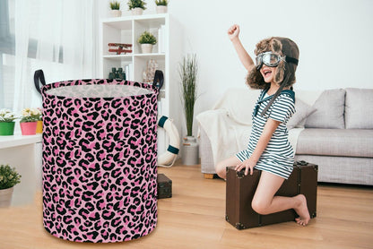 ESSME Laundry Basket,Pink Hamper Collapsible Canvas Waterproof Storage Bin for Girls, Leopard Print Hamper,Gift Baskets(Pink leopard print)