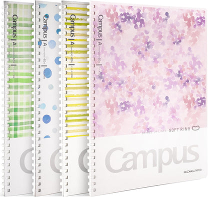 Kokuyo Spiral Notebook Journal, 4 Pack Campus B5 Soft Ring Notebooks with Dotted A 7mm Rule, 40 Sheets, Aesthetic 1 Subject Notebook in Blue Pink Yellow Green, College Office Note Taking