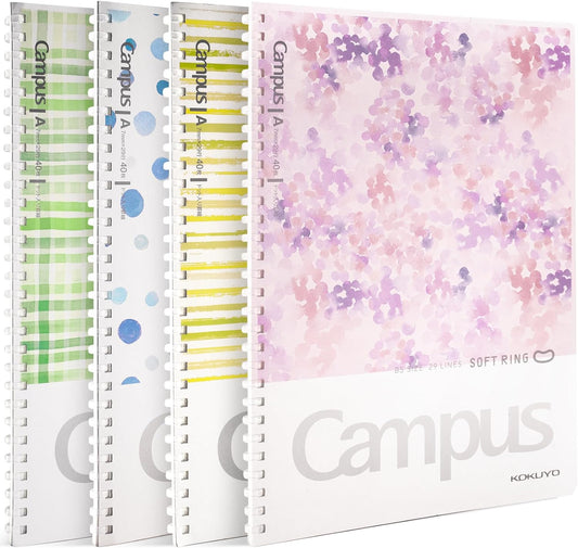 Kokuyo Spiral Notebook Journal, 4 Pack Campus B5 Soft Ring Notebooks with Dotted A 7mm Rule, 40 Sheets, Aesthetic 1 Subject Notebook in Blue Pink Yellow Green, College Office Note Taking