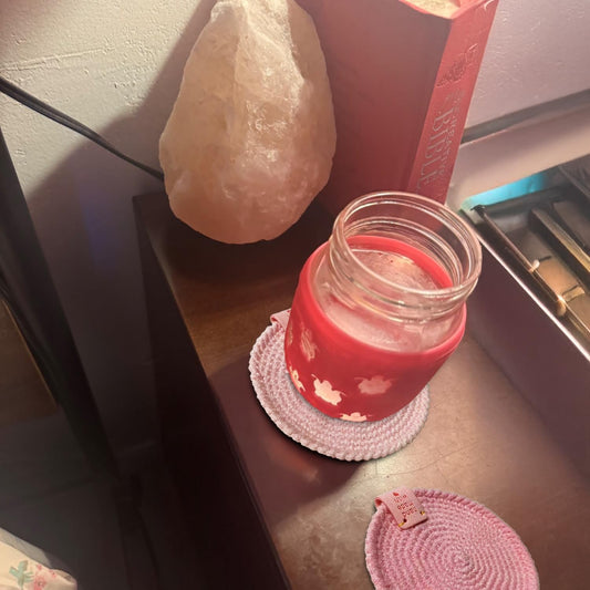 2 PCS 4.33" Rose Pink Crochet Coasters, Vintage Farmhouse Drink Pads | 4.33" Woven Pad, Cute Desk Accessories, Coffee Table Decor, Vintage Farmhouse Style, Glass Cup Coaster, Kitchen & Bar