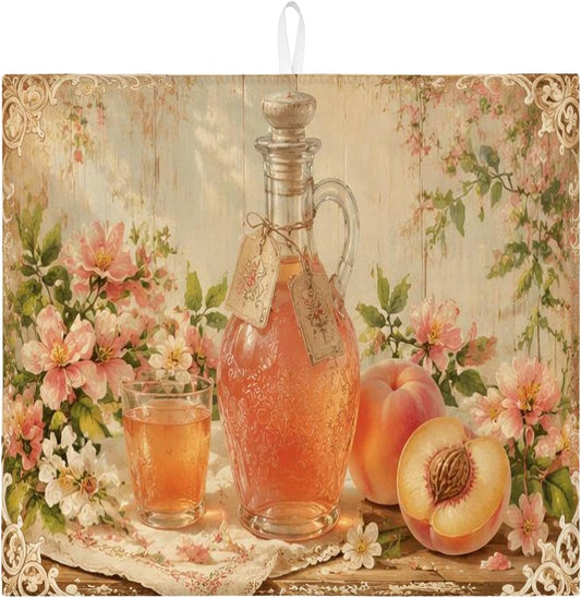 Peach Floral Dish Drying Mats for Kitchen Counter, Vintage Peach Absorbent Dish Drainer Mat, Spring Rustic Microfiber Drying Pad for Coffee Bar Protector 16x18 Inch
