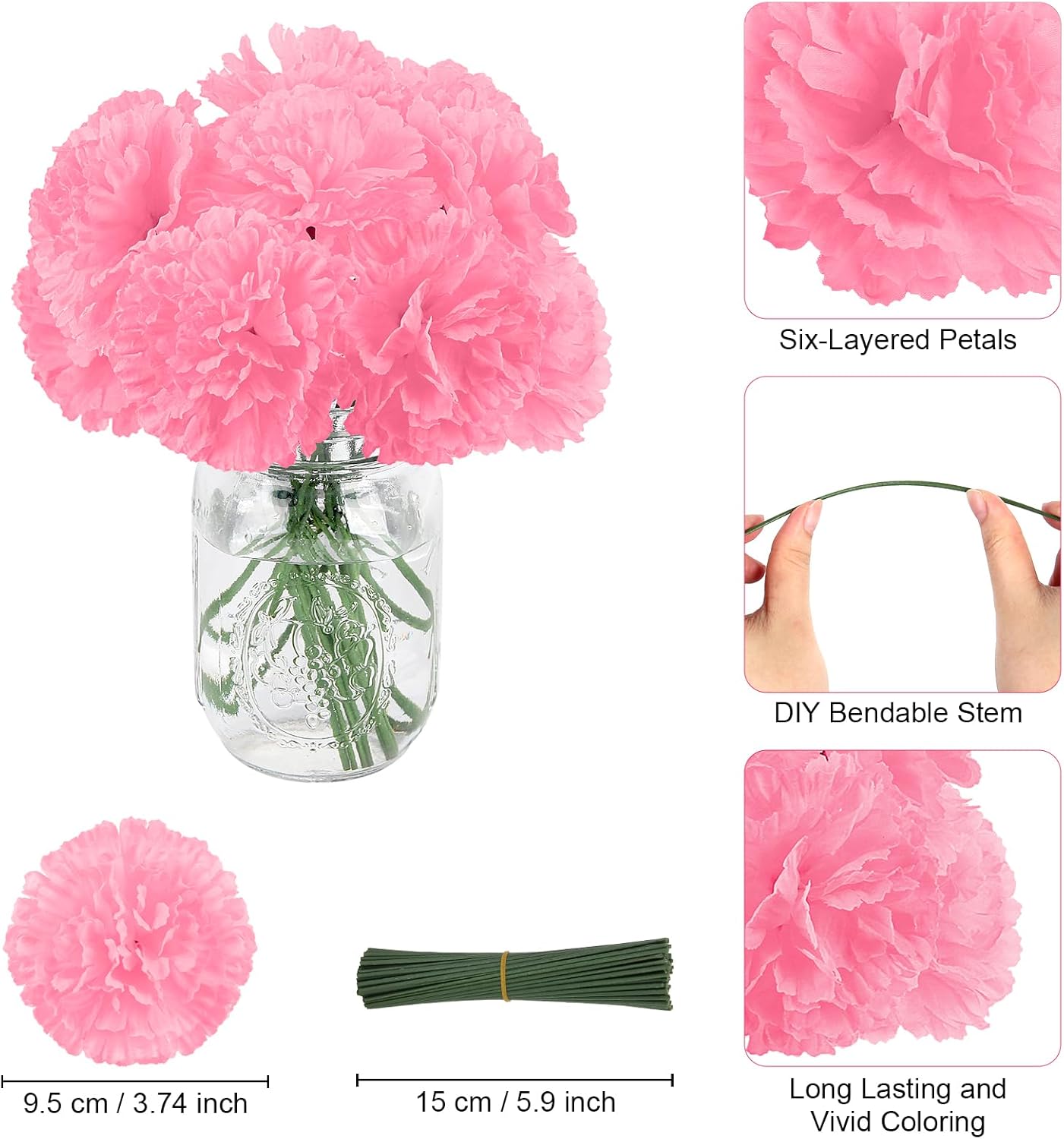 108pcs Carnation Head Flowers with Stem, Pink Artificial Flowers Carnations, 3.5" Silk Carnation Fake Flower for Funeral Arrangements Wedding Bouquets Centerpieces Cemetery Wreaths Grad Party Decor