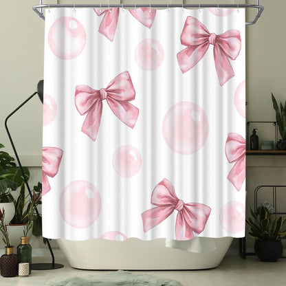 WELMECO Bow Shower Curtain Cute Bow Knot Girls Bathroom Decor Aesthetic Polyester Fabric Shower Curtain, 72x72inch with Hooks (Pink)