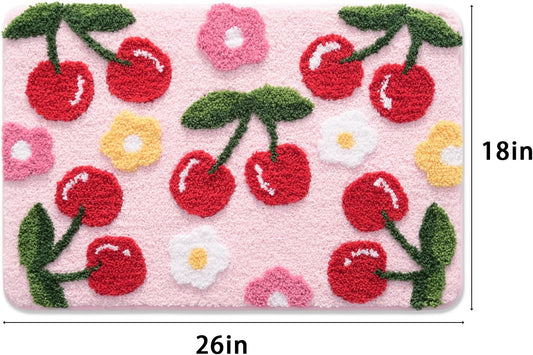 Anybar Pink Bathroom Rugs Cute Cherry Bath Mat Coloful Bathroom Accessories, Funny Flower Rug Non Slip Floor Mat, Machine Washable Bath Rug Soft Microfiber Carpet for Shower, Tub (18x26 inch)