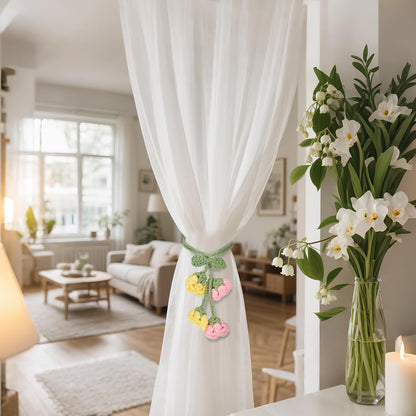 Flower Curtain Tiebacks, 4pcs Lily-of-The-Valley Curtains Holdbacks, Cute Curtain Holdbacks - No Drill Rope Holder, Drape Knitting Handmade for Nursery&Children's Room Decor (Pinkish/Yellow)