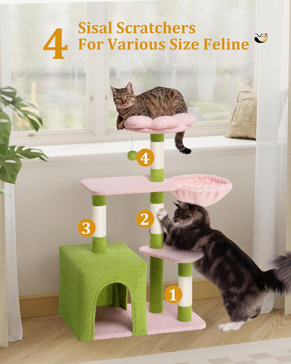 Aechonow Flower Cat Tree for Indoor Cats, 2-Door Large Cat Condo Cave Bed for Big Adult Cats, 41.2'' Cute Cat Tower with Scratching Posts, Cozy Floral Perch and Hammock for Kittens, Green Pink