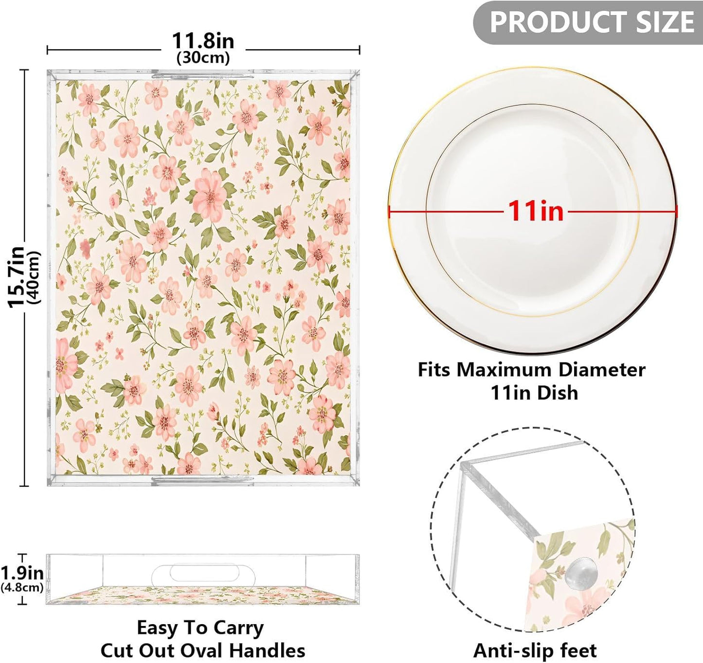Pink Flowers Serving Tray 12" x 16" Acrylic Trays with Handles Decorative Serving Platter for Coffee, Breakfast in Bed, Dinner, Appetizers, Patio, Party