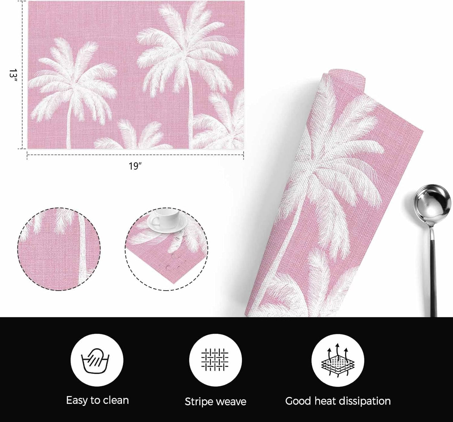 Peach Pink Palm Tree Placemats Set of 4, Washable PVC Kitchen Table Mats Place Mats, Summer Botancial Tropical Farmhouse Woven Vinyl Placemat for Dining Table, 13" x 19"