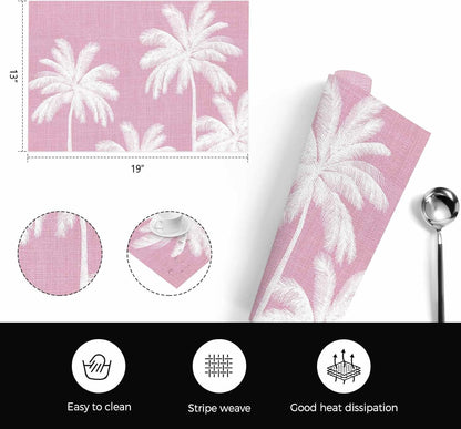 Peach Pink Palm Tree Placemats Set of 4, Washable PVC Kitchen Table Mats Place Mats, Summer Botancial Tropical Farmhouse Woven Vinyl Placemat for Dining Table, 13" x 19"