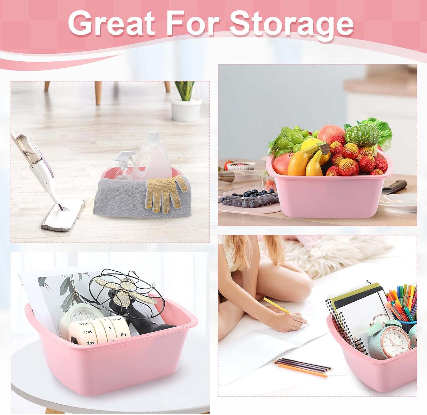 Honeydak 8 Pack Wash Basins Plastic Wash Tub Pink 7 Quart Graduated Buckets Rectangular Plastic Hospital Bedside Soaking Tub Washing Basin for Cleaning Foot Bath Washing Dishes Face Cleansing