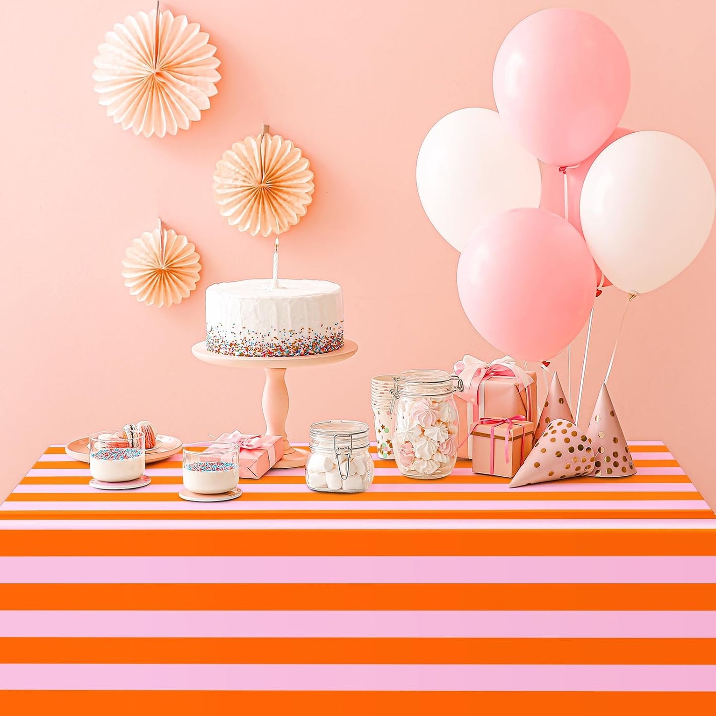 JarThenaAMCS 3Pcs Stripe Plastic Tablecloth Disposable Table Cloth Pink Orange Rectangle Table Cover for Birthday Baby Shower Wedding Party Picnic Supplies, 54 x 108 Inch
