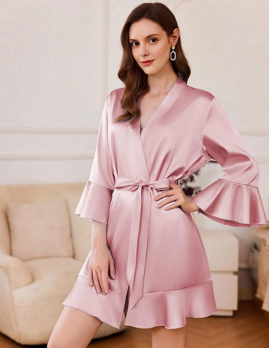 Ekouaer Women's Satin Robe Short Ruffle Hem Silky Robes Lightweight Kimono Brides Bathrobes Sleepwear XS-XXL