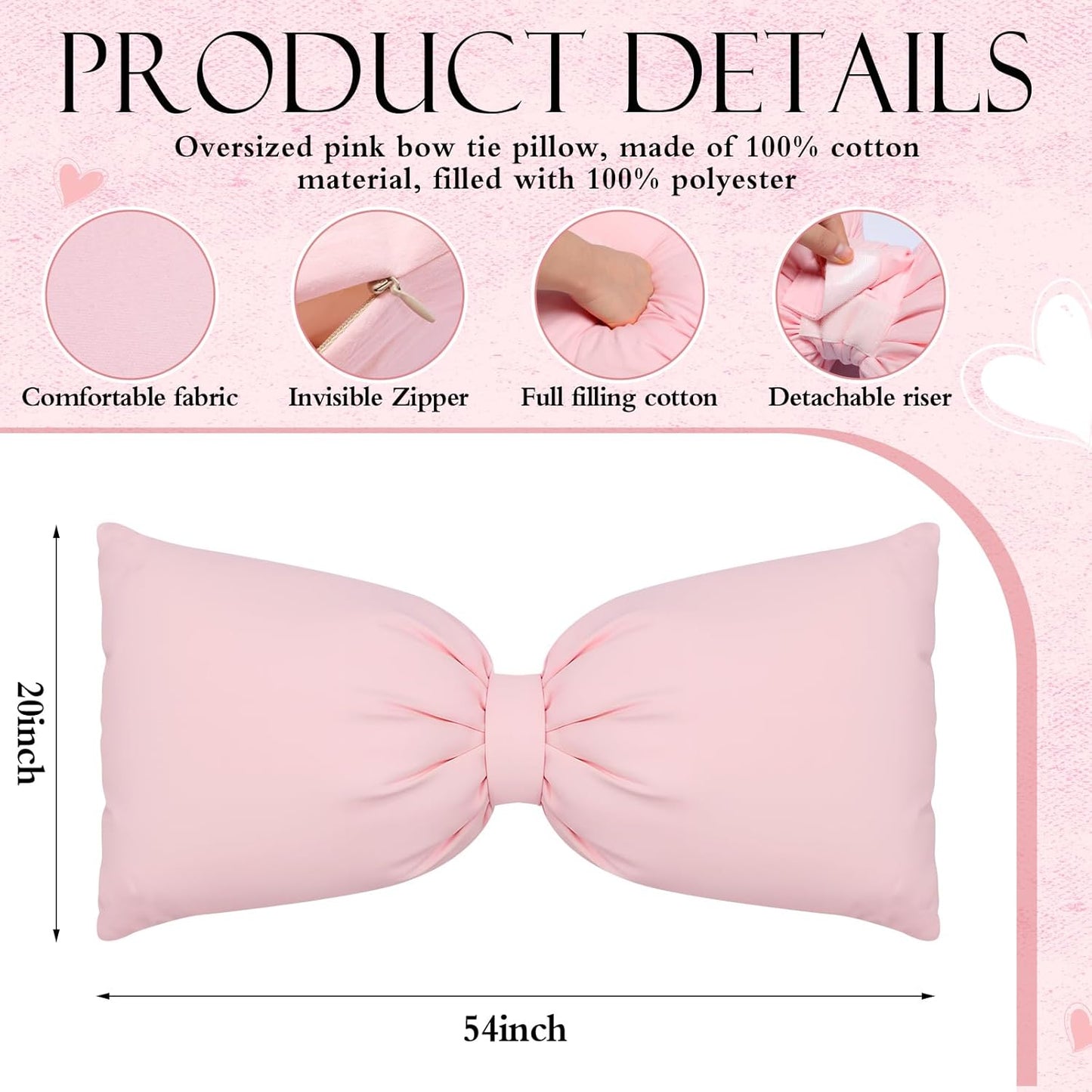 AceOrbit Pink Long Bow Pillow 12 x 30 Inch 100% Cotton Oversized Pillow Coquette Big Bow Shaped Cushion Aesthetic Room Decor Cushion for Bed Sofa Couch Holiday Car Coquette Decor