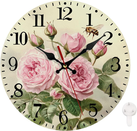 Ansouyi Round Wall Clock Battery Operated Clocks Wallclock 10 Inch,Vintage Victorian Pink Roses Bee Silent Non Ticking Wall Clock for Living Room,Kitchen,Home,Bathroom,Bedroom,Office or School