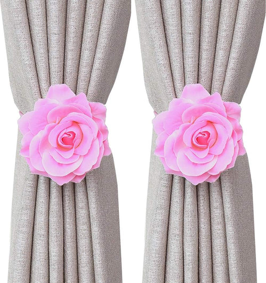 Curtain Tiebacks， Rose Magnetic Curtain Holders，Elegant 2 Pack Decorative Rope Holdback Holder, Home Decor Thin or Sheer Window Drapries Bed Canopy (Pink)