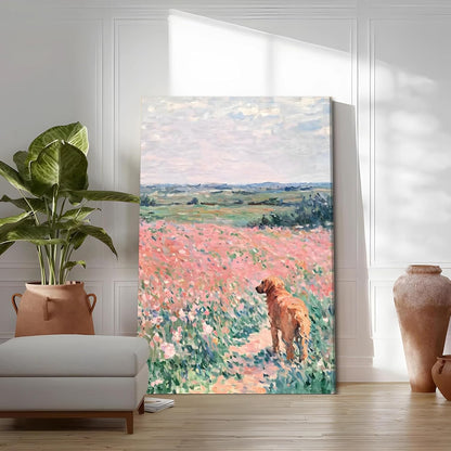 SIXWOOD Cute Dog in Spring Pink Wildflower Field Canvas Wall Art Painting, Pastel Landscape with Golden Retriever Picture Wall Decor for Living Room Girls Room, 16x24in Framed Ready to Hang Art Print