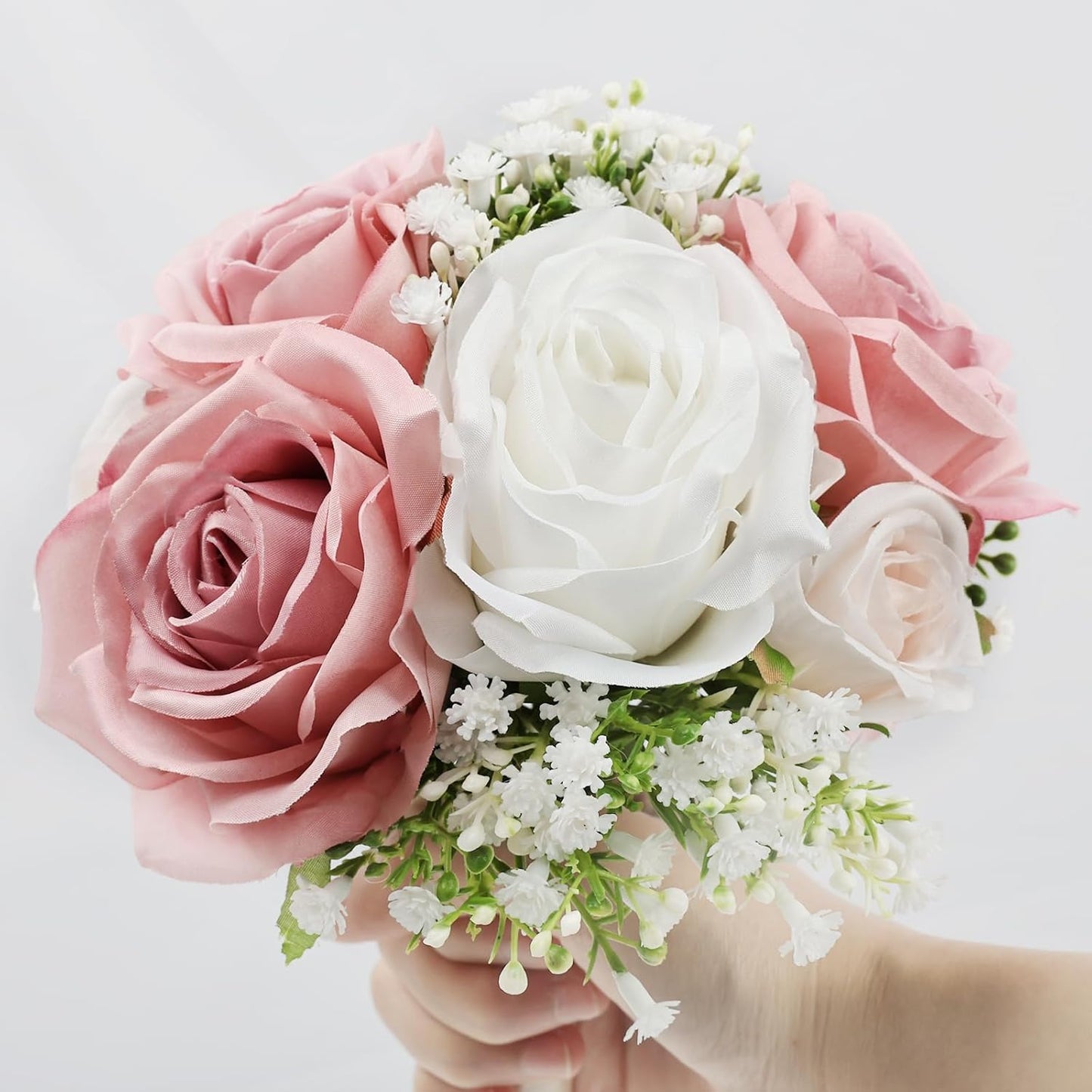 Wedding Bridesmaid Bouquets Set of 2, Artificial Silk Flowers Arrangement for Ceremony Marriage Proposal Party Anniversary Decorations - Dusty Pink & White