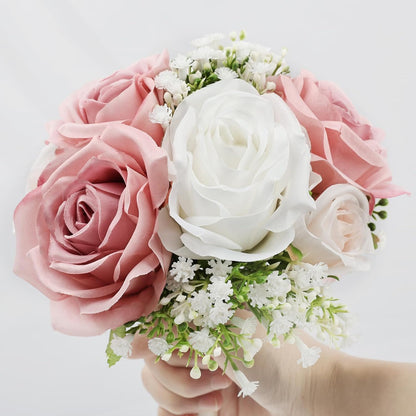 Wedding Bridesmaid Bouquets Set of 2, Artificial Silk Flowers Arrangement for Ceremony Marriage Proposal Party Anniversary Decorations - Dusty Pink & White