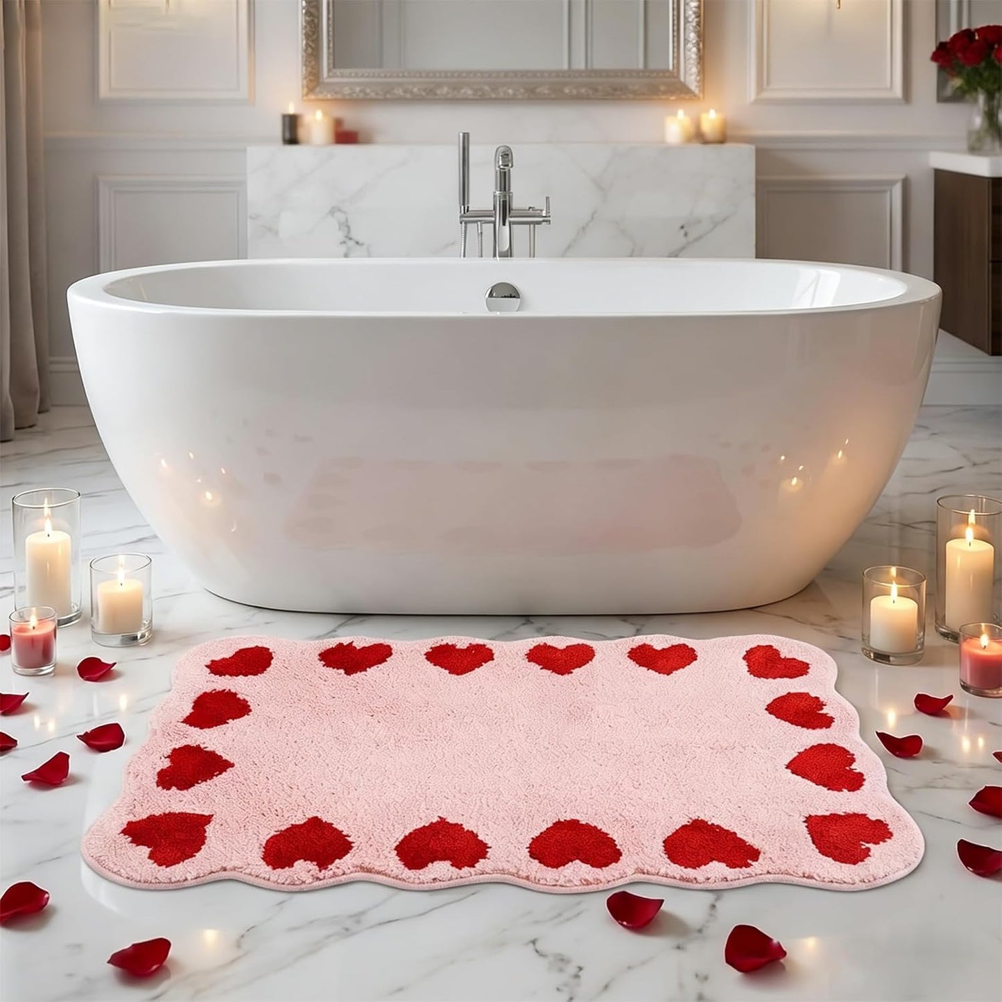 Whaline Valentine' s Day Rug Mat Bathmat 32 x 20 Inch Red Heart Scalloped Pink Absorbent Bathroom Rug for Wedding Anniversary Home Kitchen Living Room Decoration
