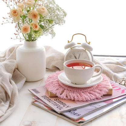 uxcell 2Pcs Boho Coasters, Round Handmade Woven Absorbent Coasters with Tassel Farmhouse Cup Mat Table Protection for Coffee Drink Mug Home Office Decor Housewarming Gift, Pink
