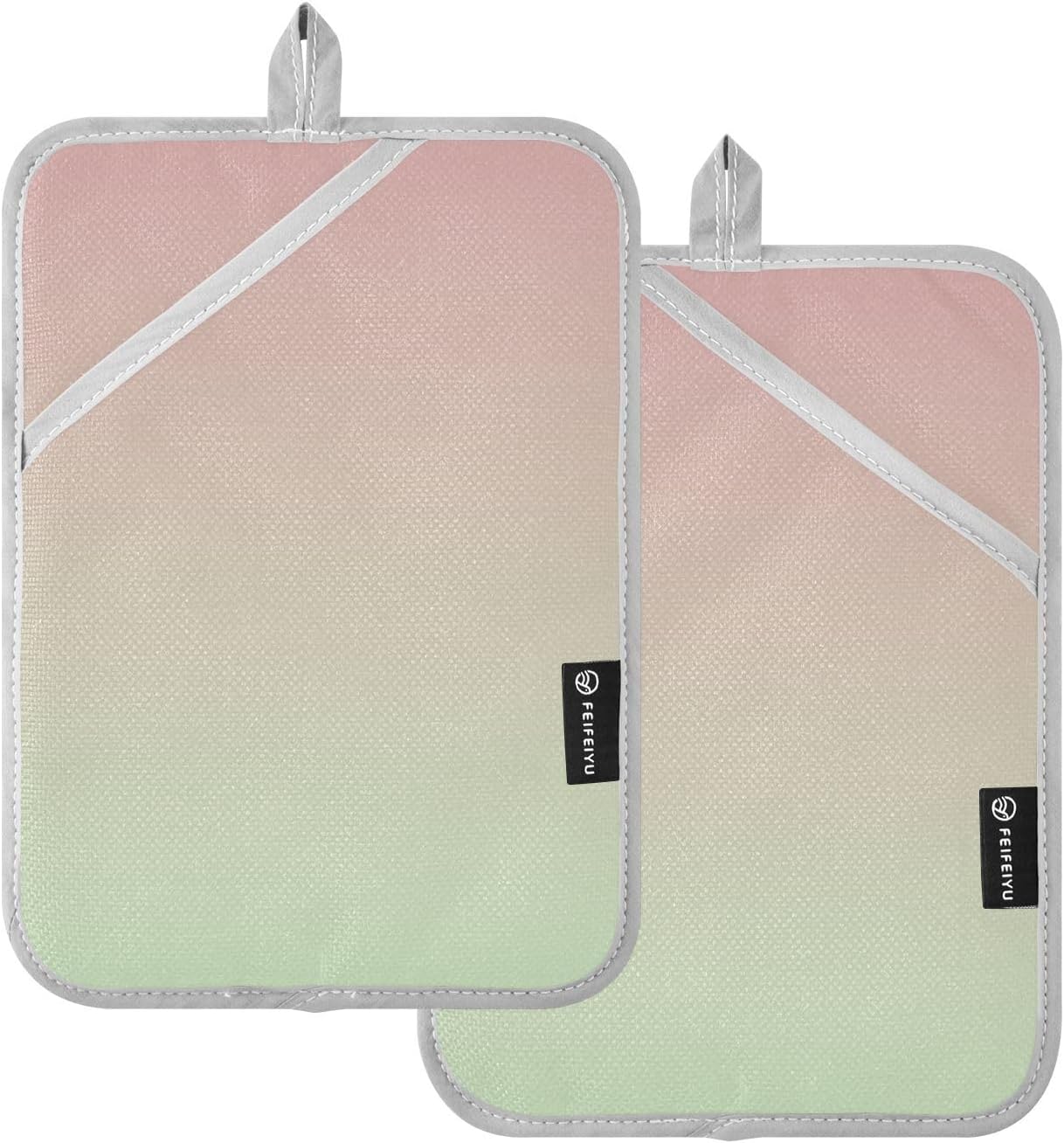 2 Pack Pot Holders, Solid Color Pink Light Green Gradient Oven Mitts Hot Pads Sets for Ovens Cooking Baking Pans, Square 7x9.8 in