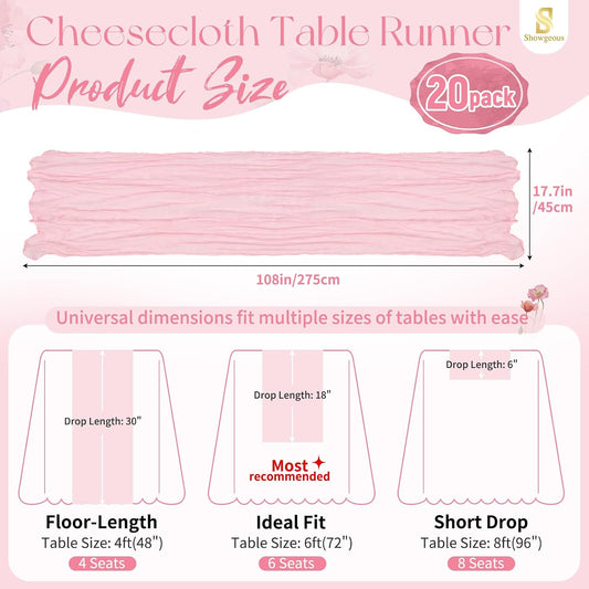 20 Pack Light Pink Table Runner Cheesecloth Table Runner 17 x 108 inch Boho Gauze Cheese Cloth Table Runners Rustic Sheer Table Decorations for Wedding Party Bridal Baby Shower Birthday Home