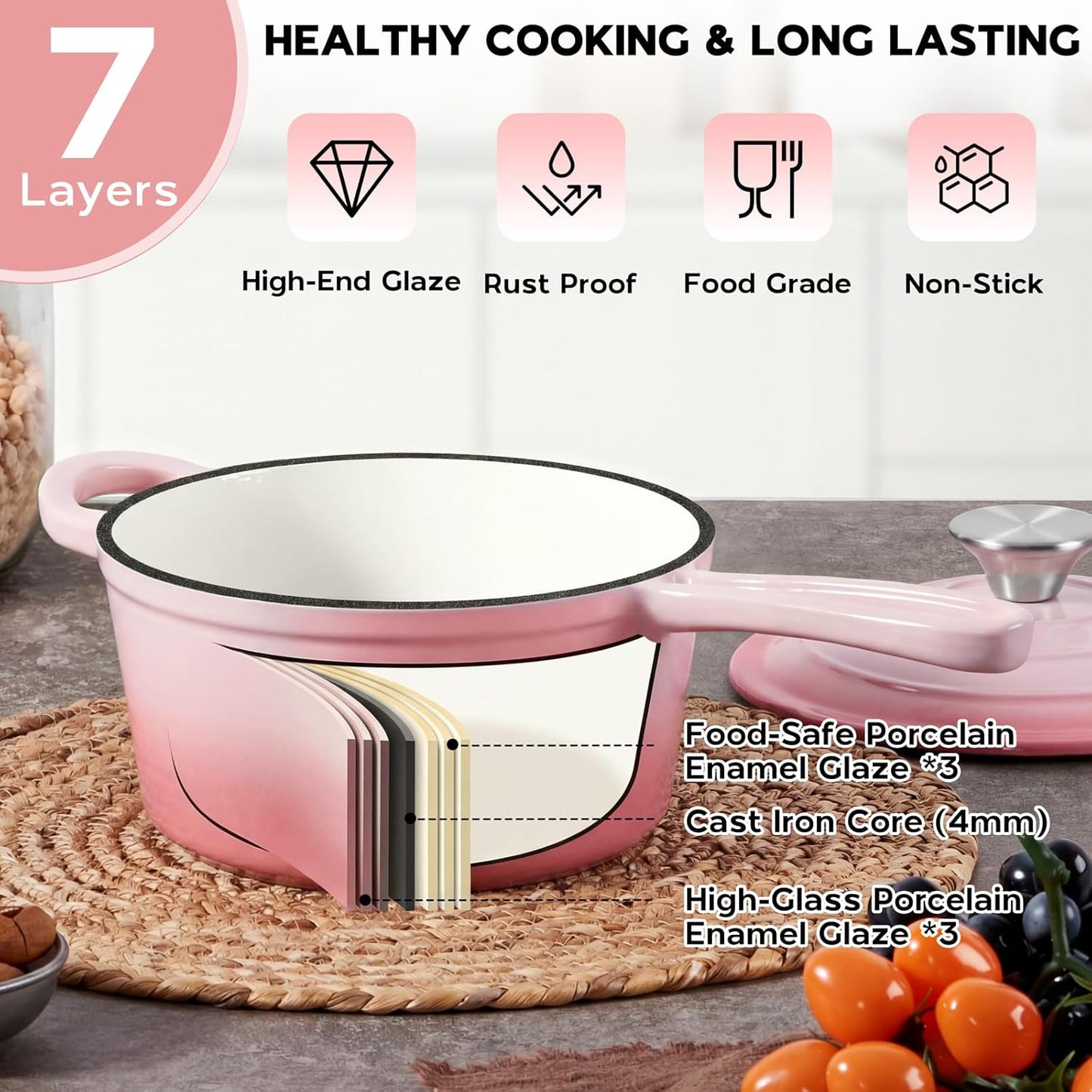 Onader Cast Iron Sauce Pan Pot, 2QT Small Saucepan with Lid, Enameled Cast Iron Dutch Oven Cooking Kitchen Pot – Pink