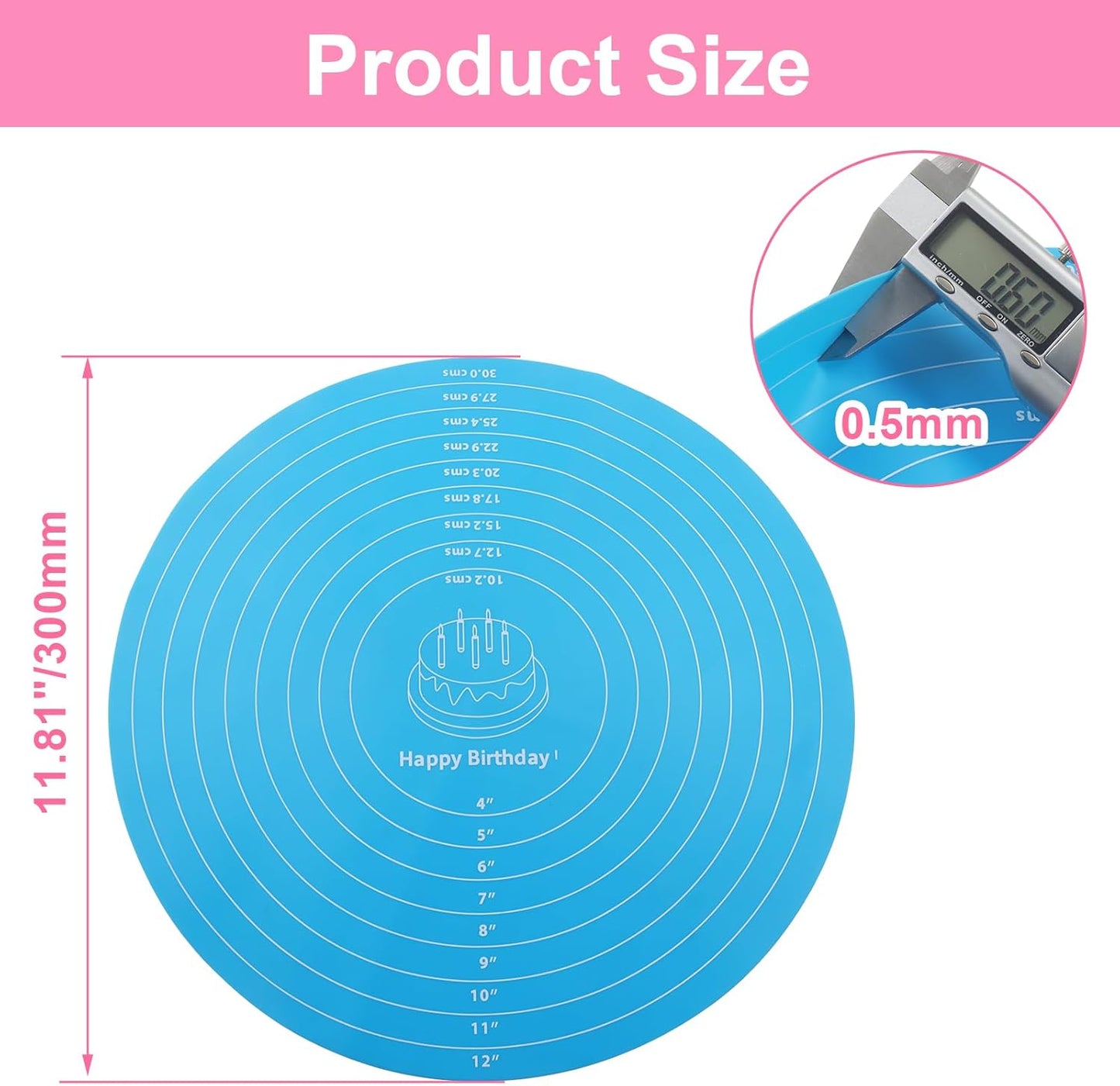 2 PCS 12 Inch Silicone Cake Mat, Round Silicone Baking Mat with Measurements Non-Stick Cookie Pad, Reusable Pastry Baking Sheet for Baking Pizza Pan/Rolling Dough(Pink, Blue)