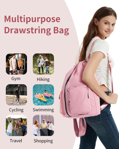 WANDF Drawstring Backpack Sports Gym Bag with Shoes Compartment, Water-Resistant String Beach Sackpack Swim Bag for Women and Men (Pink) | with Shoes Compartment