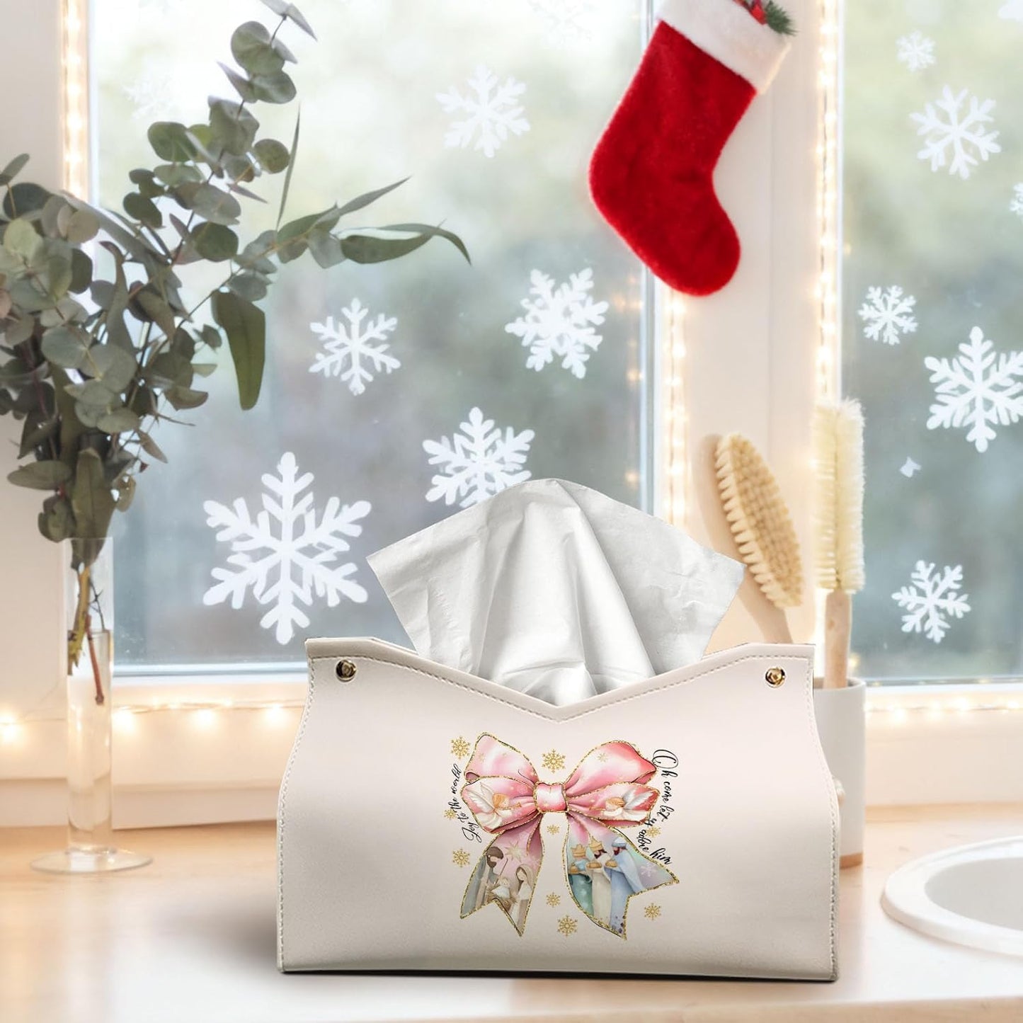 Pink Bows Tissue Box Cover Rectangle, Snowflake Winter Holiday Decor Tissue Box Holder Organizer, Bow Decor for Bathroom Kitchen Car, Farmhouse Christian Gifts for Women Girls 9.8x5.9x5.9