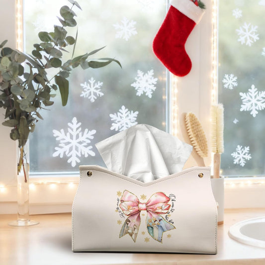 Pink Bows Tissue Box Cover Rectangle, Snowflake Winter Holiday Decor Tissue Box Holder Organizer, Bow Decor for Bathroom Kitchen Car, Farmhouse Christian Gifts for Women Girls 9.8x5.9x5.9
