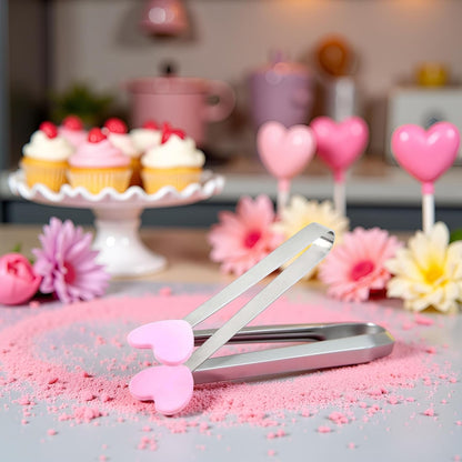 Pink Mini Hand Shape Tong Silicone Food Tongs Stainless Steel Kitchen Tongs Small Kids Tongs for Sugar Cubes, Serving Food, Salad Buffet Home and Kitchen (Heart Shape)