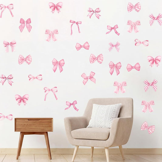 60Pcs Pink Bow Decals Bow Wall Stickers Vinyl Bowknot Decals Sticker Bows Knot Walls Decor Bowtie Decal Peel and Stick Bows Wall Decoration for Nursery Room Home Bedroom Decor, 4"