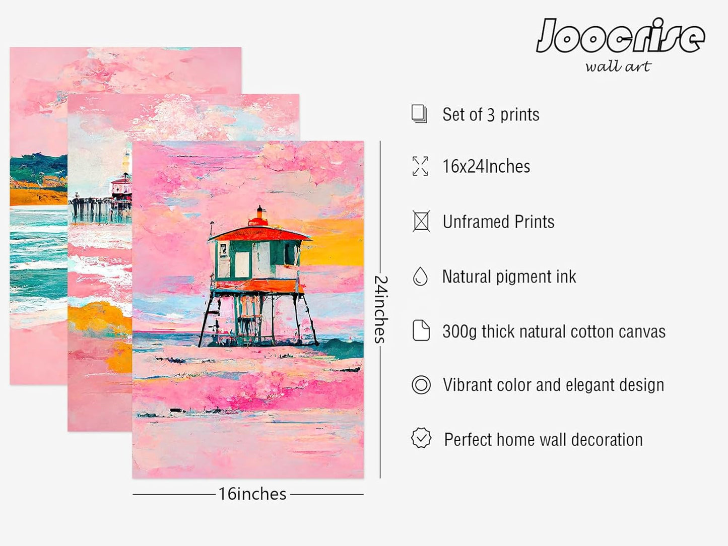 Beach Boho Wall Art Prints Set of 3 Preppy Coastal Wall Decor Pictures Pink Beach Canvas Wall Decor Art Pastel Surf Art Lighthouse Poster Coastal Artwork for Living Room Bedroom 16x24 Inch Unframed
