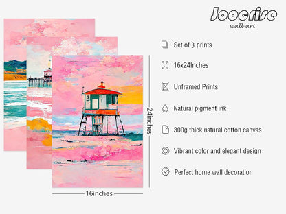 Beach Boho Wall Art Prints Set of 3 Preppy Coastal Wall Decor Pictures Pink Beach Canvas Wall Decor Art Pastel Surf Art Lighthouse Poster Coastal Artwork for Living Room Bedroom 16x24 Inch Unframed
