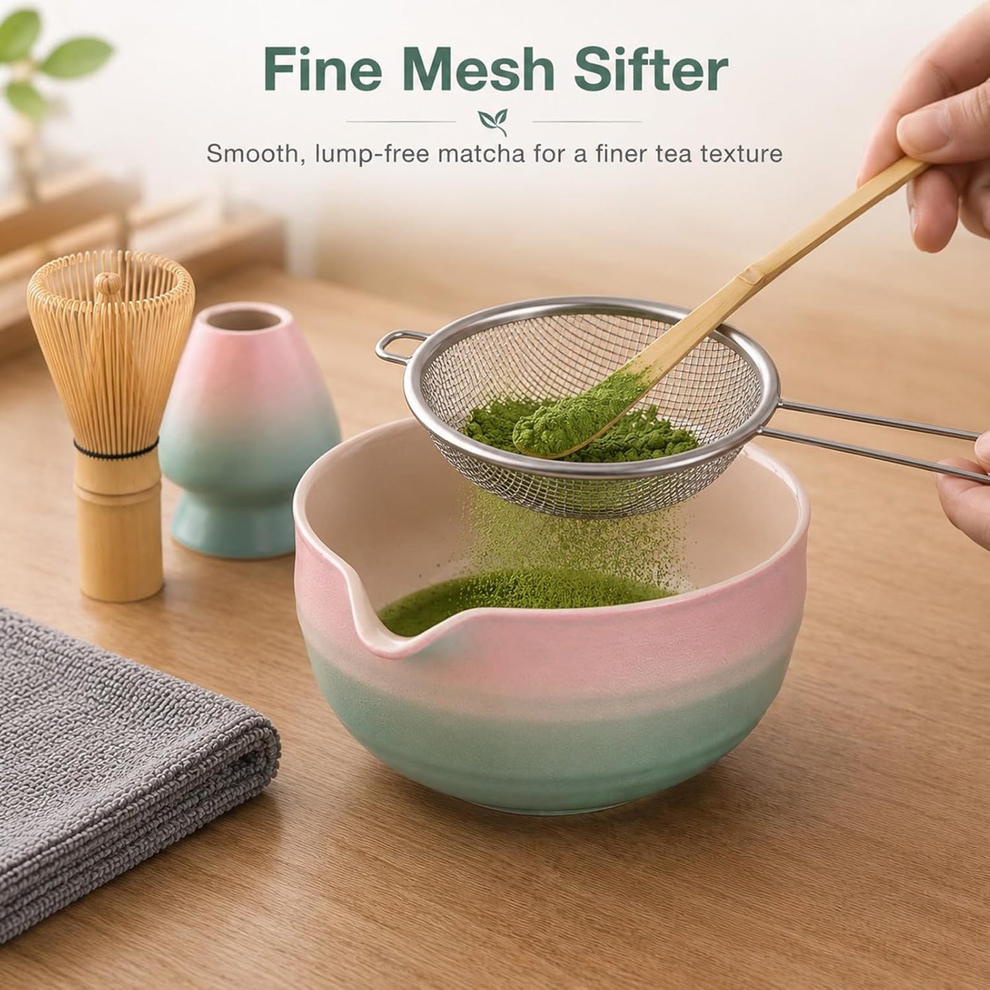 7pcs Matcha Set, Matcha Whisk Set - Matcha Whisk Bamboo, Whisk Holder, Matcha Bowl, Scoop, Sifter, Absorbent Cloth - Japanese Tea Ceremony Set for Home Use or as a Gift, Gradient Pink-Blue