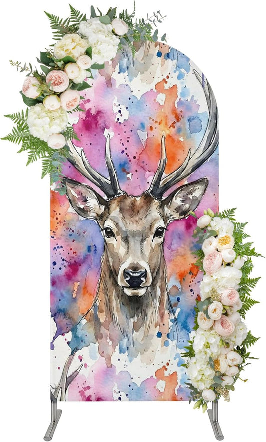 Elk Arch Backdrop Cover 6.6FT, Pink Purple Blue Watercolor Splashes Splatter Animal Spandex Fitted Stretchy Arch Stand Covers, Round Top Chiara Backdrop Cover for Wedding Party Birthday Baby Shower