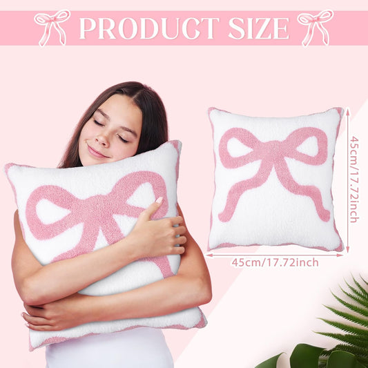 HunnmingRe Pink Bow Pillow Covers Set of 2 Preppy Room Decor Coquette Bow Embroidered Pillow Covers Luxury Soft Pink Throw Pillowcases for Couch Sofa Bedroom Aesthetic Decor, 18x18 Inch