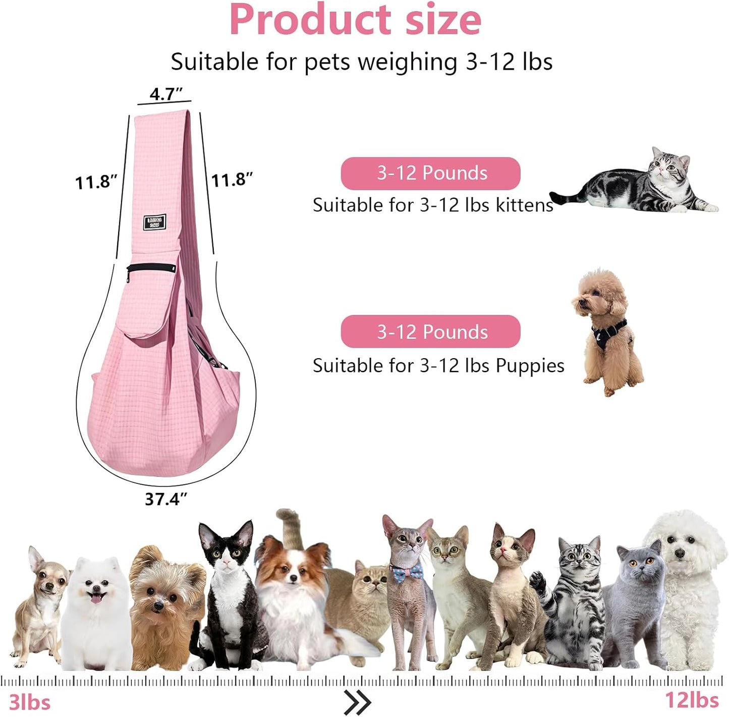 Dog Sling,Dog Slings for Small Dogs for 3-12 lbs,Puppy Sling Made of Waterproof and Anti-Static Fabric, Cat Sling with Storage Bag, Anti-Detachment, Make It Easy for Pets to Travel,Pink