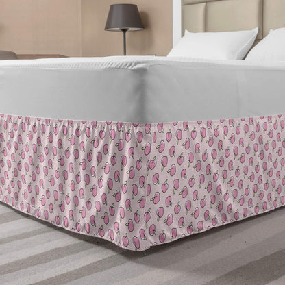 Lunarable Peach Pink Bedskirt, Numerous Repetitive Little Cartoon Illustrated Fruits on Dotted Backdrop, Bedroom Decor Wrap Around Elastic Bed Skirt Gathered Design, Queen, Rose Pale Green