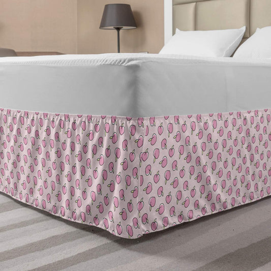 Lunarable Peach Pink Bedskirt, Numerous Repetitive Little Cartoon Illustrated Fruits on Dotted Backdrop, Bedroom Decor Wrap Around Elastic Bed Skirt Gathered Design, Queen, Rose Pale Green