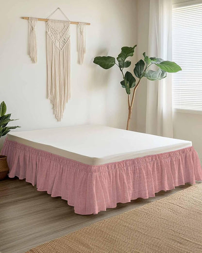 Bed Skirt Peach Pink Linen Bedskirt 16 Inch Drop Farmhouse Pure Color Adjustable Elastic Wrap Around Bed Skirts Dust Ruffle for Queen Size Bed Frame Cover
