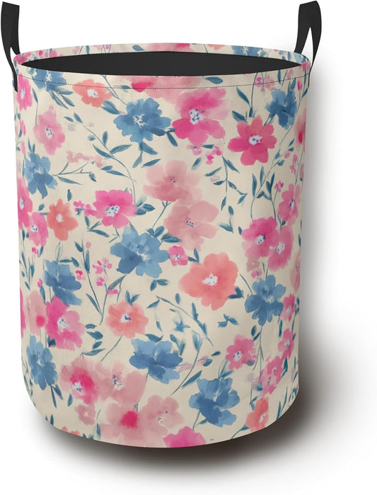 Colorful Pink Blue Flower Laundry Hamper,Floral Collapsible Laundry Basket with Handles Waterproof Storage Bin for Clothes Books Organizer Basket for Bedroom Bathroom Dormitories 16" x 20.8"