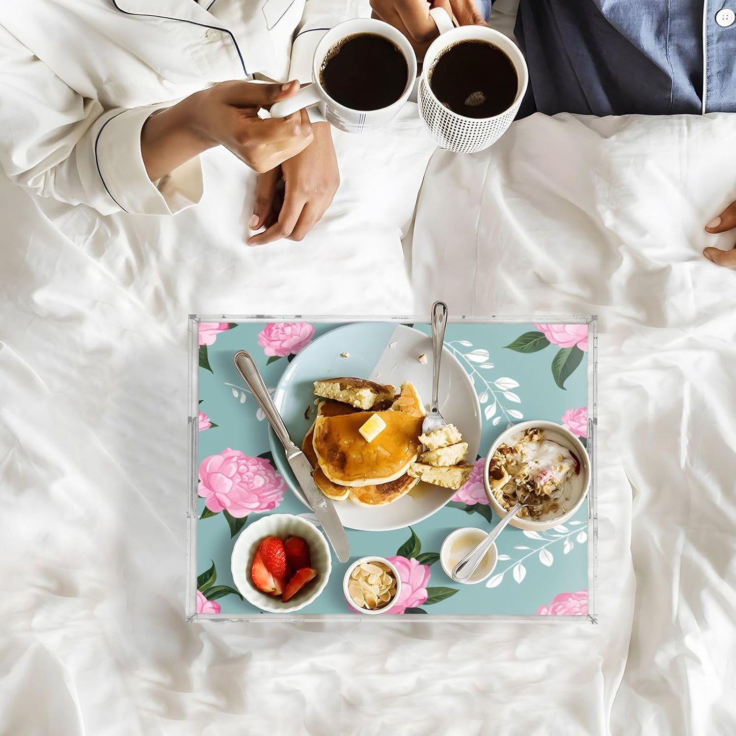 Pink Peonies White Leaf Serving Tray 12" x 16" Acrylic Trays with Handles Decorative Serving Platter for Coffee, Breakfast in Bed, Dinner, Appetizers, Patio, Party
