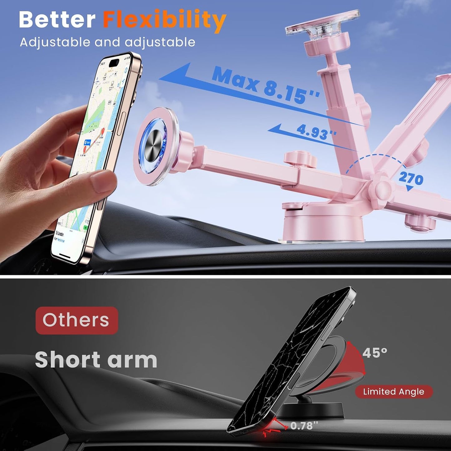 for MagSafe Magnetic Car Phone Holder [2026 Upgraded Strongest Magnet] Car Mount Suction Cell Stand for Dashboard Windshield Vent Compatible with iPhone 16/15/14/13/12/11 Android etc-Pink