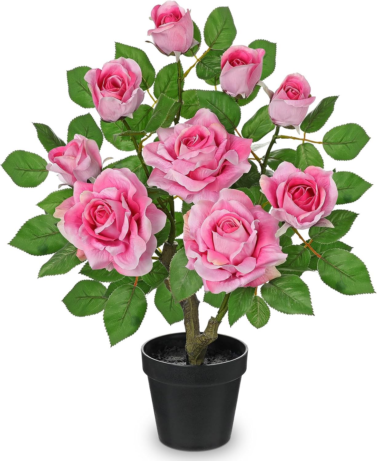 Artificial Rose Flowers Potted Plant - 17.7" Small Fake Pink Roses Tree with Black Pot Indoor Outdoor Faux Plants & Flowers Silk Rose Flower Floral Arrangement for Home Table Kitchen Office Decor