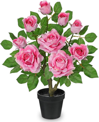 Artificial Rose Flowers Potted Plant - 17.7" Small Fake Pink Roses Tree with Black Pot Indoor Outdoor Faux Plants & Flowers Silk Rose Flower Floral Arrangement for Home Table Kitchen Office Decor
