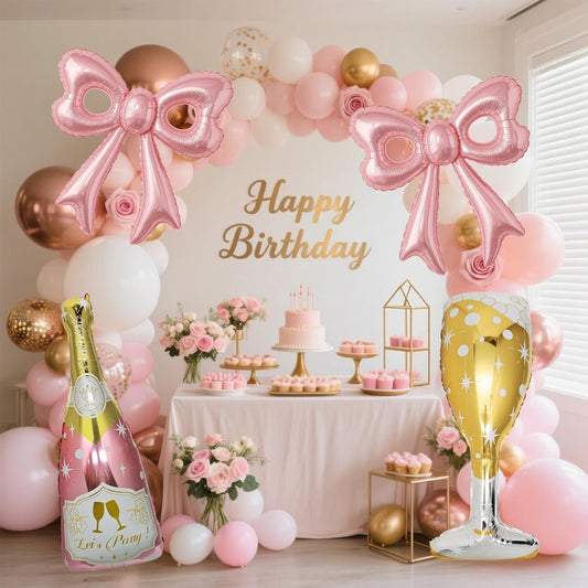 6 Pcs Pink Bow Balloons, Huge Rose Gold Champagne Bottle Goblet Aluminum Foil Balloons for Birthday, Bachelorette, Bridal Shower, Wedding, Anniversary, Engagement Party Decorations Supplies